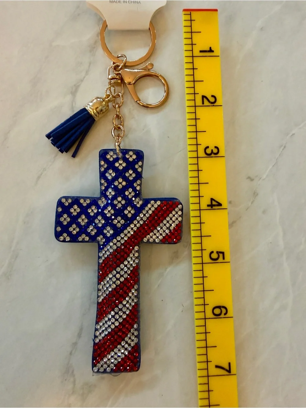 ✨ NWT Patriotic American Flag Rhinestone Puffy Cross Keychain Bag Charm